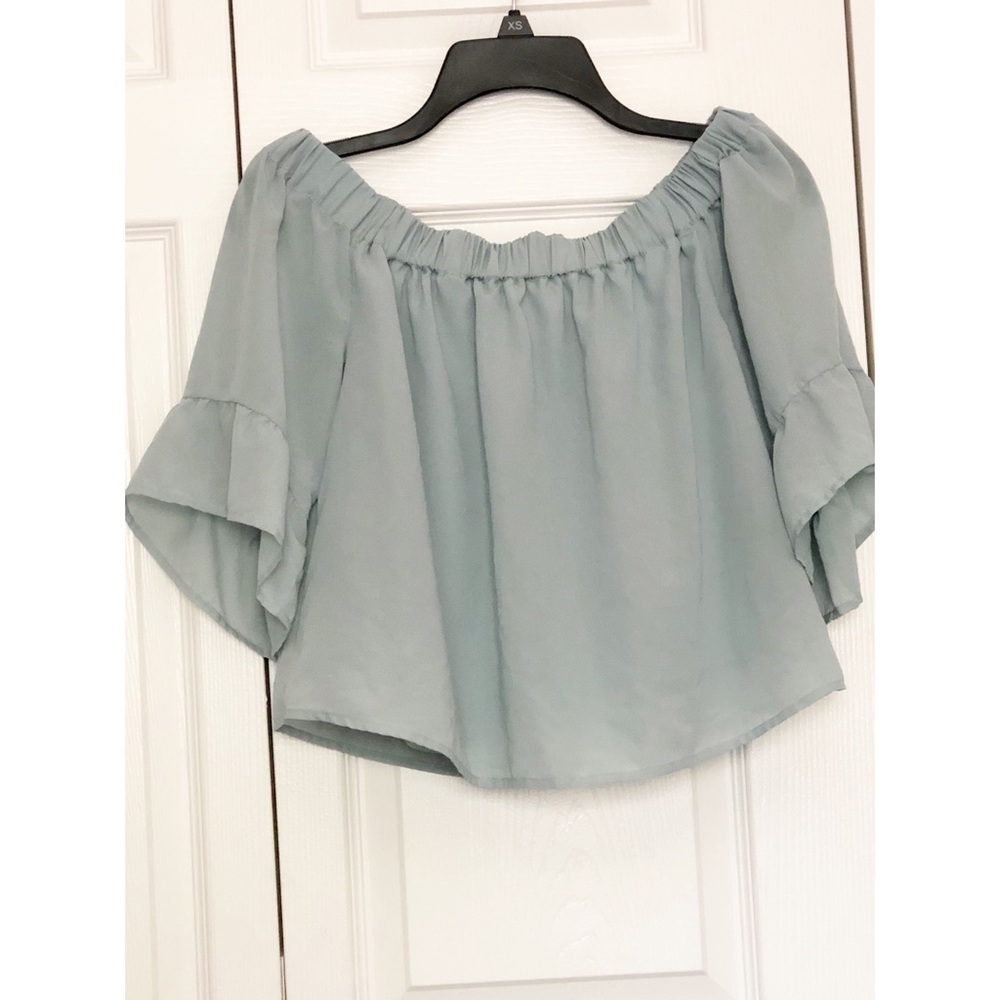 Express Pale Green Off Shoulder Blouse with Ruffle Sleeves